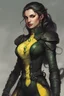 Placeholder: a female humanoid snake, dungeons and dragons, wearing a black leather armor, green scales, yellow eyes