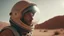 Placeholder: cinematic, a walking male astronaut with helmet, wide shot, sand - storm, mars desert, peach light, movie still style raw