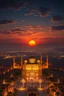 Placeholder: photographic realism. a beautiful city sunset Arabic scene. atmospheric. huge palace and immense view of the night sky.