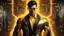 Placeholder: Hyper Realistic handsome muscular Electric-Superhero with short-black-hair wearing long-fancy-yellow-tuxedo-with-golden-circuit-patterns & fancy-golden-sunglasses in a dark-rustic-circuit-room with electric-sparks-&-rays & a massive circuit-board-wall with-glowing-embers showing dramatic & cinematic ambiance.