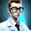 Placeholder: mad scientist with enlarged blue eyes and thick glasses, white cell tower in background, paranoia character