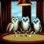 Placeholder: orage to blue, group of owls playing poker in 1945, wisky bottles , bar iterior, dollars on the table, rendering, cinematic, A WINDOW OUTSIDE IS RAINING AND NIGHT, realtistic, photo