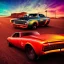 Placeholder: art deco, cyberpunk, neon muscle cars racing, desert road, sunset, full colour, hd,