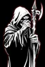 Placeholder: hooded Grim-Reaper gripping a staff with both hands, vignette, black and white graphic novel style with a red outline on black background,