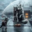 Placeholder: digital art front in picture an of little dark dog like creature stands and looking an anthropomorphic wolf couple sitting on the spaceship's ramp close together, the pale gray female wolf sits behind strong male wolf and puts one paw on the dark gray wolfman's shoulder, raini day, on ramp a little piece of meat lies down, high contrast, high detalied, high realistic, in background detail of an angular spaceship visible. Rain, The atmosphere is a seamless blend of sci-fi, dark fantasy