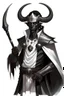 Placeholder: En Young male black skin black hair tiefling Wizard with large horns glowing Silver and White symbols Everywhere on his body. He's wearing silver and White Rope and a silver cloak. His horn a perfectly place on acet from the front to the back pointing upwards with glowing Red cat Eyes holding a quarterstaff. His close is elegant get simple his horns Are Same size. En his other hand his casting A Spell