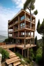 Placeholder: small hotel built of wood with 4 levels of height and views of the sea, located on a sloping plot of land