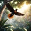 Placeholder: Hyper Realistic photographic-view of the small Koel-Bird Flying in a beautiful flower garden with elaborative background with more elements