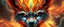 Placeholder: close up portrait of a plasma racoon fox king flickers like hypnotic fire in geometric shapes like a dna swirl of time and a fearsome planeswalker covered in powerful runes