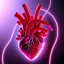 Placeholder: human heart, realistic, cyberpunk, hyperdetailed, intricately detailed, neon shining, dark red tones,