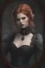 Placeholder: vampire Alexandra "Sasha" Aleksejevna Luss render eye candy style Artgerm Tim Burton, subject is a beautiful long ginger hair vampire with fangs biting a female's neck, romantic, close faces, bite, feed, victorian dress, victorian background style of in the Paris, 70mm, high detail, hyper detailed, photographic detail, UHD, unreal engine 5, headshot render, octane render, bokeh,eye candy oil paiting In depth psychology display