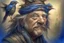 Placeholder: a painting of an old man with a bird on his head, a character portrait by Wendy Froud, cgsociety, fantasy art, storybook illustration, grotesque, detailed painting