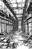 Placeholder: Abandoned industrial warehouses, line arts, manga style