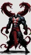 Placeholder: A close picture of Venom symbiote with kratos red tattoos and Clothes, holding blade of choice