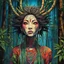 Placeholder: full color front facing portrait of a Yama Uba woman with highly detailed hair and slim, narrow facial features, in a haunted mountain bamboo forest, pierced by shafts of moonlight , danger lurks everywhere but she is undeterred and resolute in her purpose, art in the style of Alex Pardee, spirited away, studio ghibli, , 8k , finely detailed and precise line work, soft natural Spring colors