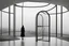 Placeholder: a surreal open glass gate in a glass wall with a view of a desolate landscape, fog, monochrome, strong contrasts, by artist "Leonora Carrington",by artist "Zaha Hadid""