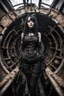 Placeholder: Closeup tall Girl goth with big eyes, ragged clothes, fullbody, dieselpunk, valves, the perspective looking up from the bottom of an empty well , 8k,macro photography,