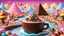 Placeholder: Generate an image of a whimsical scene set in CandyLand: a giant coffee mug floats down a river made of rich, flowing chocolate. The river is surrounded by vibrant, colorful landscapes featuring towering pyramids made of chocolate balls, with bright candies scattered along the banks. In the background, candy mountains rise high, with gumdrop hills and lollipop trees dotting the scenery. The river leads towards an enormous castle-factory, entirely made of candy, with candy cane towers, jellybean