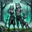 Placeholder: an anthropomorphic wolf-man hybrid in dark gray body hair and anthropomorphic wolf-female hybrid with pale gray body hair carrying a blacksmith's anvil in a blue-green meadow, in the background trees with huge trunks rainy day, high contrast, high detail, atmospheric, dark fantasy, sci-fi atmosphere