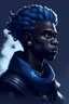 Placeholder: A young male Air genasi with black skin smoke some hair