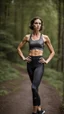 Placeholder: photography of a beautiful anorexic woman, anthracite satin triathlon top, sports illustrated, brunette short wavy bob haircut, pronounced sternum, flat chest, anthracite short leggins