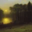 Placeholder: George Inness, painting, pine trees, swamp, hills, photo realistic, 8k, sunrise