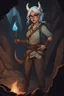 Placeholder: A Dnd character with a long tail and small horns in a dark cave. A blueish female Tiefling archeologist with white skin, white hair wearing glasses, in brown adventurer's clothes. Cunning, beautiful, cool.