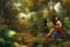 Placeholder: man running in colorful jungle by Caravaggio