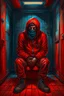 Placeholder: A scary gothic person sits quietly in the middle of a soundproof, padded room conveying intense dramatic emotions in a muted environment, wearing a bright red straitjacket , a mask to cover the mouth area of cannibal evil scary, dark and gothic look, cold eyes, eary ultra detailed,.32k, digital art style with messy paint, hardened sealer appearance, impasto, dramatic Arial view with explosive chaotic background