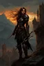 Placeholder: A formidable warrior girl in black armor, on the background Amazing gloomy landscape, flooded with sunset, mountains, trees, fabulous scary hero, , juicy emotions, painting, dark fantasy, gloomy day, dark world, portrait, Gothic Town At Night, Fantasy, Intricate Details, Castle Courtyard Gardens, Hyper Detailed, Jean Baptiste Monge, Carne Griffiths, Michael Garmash, Seb Mckinnon, Masterpiece