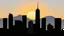 Placeholder: City skyline with tall buildings and a sunset in background, simple shapes, not realism, without sun