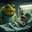 Placeholder: big fat large sad, yellow-green frog wearing a t-shirt, standing in an old, dilapidated room next to a bed. In the bed lies a pale gray, ancient and wrinkled lizard-medusa-frog mutant creature with two long tentacle arms, a large head, and big half-open black eyes with eyelashes. The blanket partially covers the creature. The frog gazes at the lizard creature, while the background is blurred, adding to the eerie atmosphere. The detailed, realistic rendering