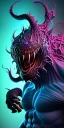 Placeholder: purple venom symbiote with big muscles and big claws and teal smoke background