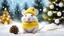 Placeholder: Microscopic image of kute mini white mouse with yellow Christmas hat and scarf with icicles snowballs and ribbons and pine cones and pine needles and gift christmas, blurred background yellow, falling snow, falling snowflakes, unbelievably beautiful. Tilt-shift. illustration, Super high Contrast, beautiful color coding, beautiful color grading,