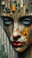 Placeholder: Bosch style painting , A face in details . The texture of the face is a collage of many peace’s of electronic chips , transistors , wires and buttons parts