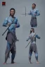 Placeholder: A young male water genasi with deep blue skin color, water shape dred hair on head. Shaolin monk with long stick weapon, kung fu master, martial art