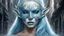 Placeholder: urban fantasy, woman, elf, skull mask, light-blue skin color