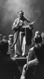 Placeholder: A man standing on a chair, giving a speech from a paper in his hand to surrounded people who are looking up at him the image is a highly detailed, monochromatic masterpiece. is depicted with breathtaking precision. The contrast of light and shadow, the intricate textures of fabric and skin, all combine to be so realistic, it almost appears to breathe. This work o