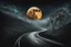 Placeholder: big full moon emerges from the fog over the road, the road twists and turns on the hills , psychedelic, gothic art, very detailed, cinematic, crepy stunning landscape