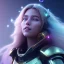 Placeholder: A portrait of a crystalline girl,smiling, longs blond hairs, galactic costume, atmospheric, realistic, cinematic lighting, octane render, purple and blue sky, nebula, stars, planets