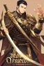 Placeholder: A handsome 30 year old knight, black hair, male bob haircut, in black-and-gold plate armor, golden katana in both hands, no beard, european, proper arms