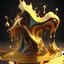 Placeholder: 3d clay style, water splashing, liquid effect, gold colours, dominating the wave, fully magical forest in the middle, splashes around