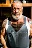 Placeholder: man 50 years old muscular chubby italian carpenter, in tank top , manly chest, tattoo, short beard, with overalls, in a wood shop, 35mm lens, photorealistic , side light