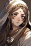 Placeholder: "Draw an Arab character, a girl wearing traditional Arab clothing, with a wounded eye that signifies her royal lineage. She has long brown hair. Draw her in an anime style, similar to Vanitas anime style