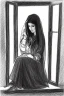 Placeholder: Pencil sketch of Young woman look through the window , Arab features,sad, long wavy hair, full body، on lined paper