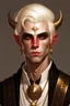 Placeholder: young man tiefling cleric with white blonde hair and gold jewelry, wearing white and gold, demon eyes with no pupils