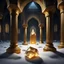 Placeholder: Hyper Realistic Big golden Crystals on snow Inside a Dark Abandoned Mosque with beautifully crafted pillars at dark night