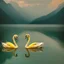 Placeholder: two swans in a romantic lake, dark green and warm yellow color, fantasy atmosphere, photo quality