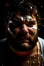 Placeholder: half figure shot photography of an ugly spanish strong chubby unshaved man 28 years old, emotive eyes, ajar mouth dripping white semitransparent glue, with the face wet with white glue dripping, splashes of white semitransparent glue on the face, in the wood at night, unshaved, short hairs, photorealistic, lit by bonfire