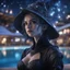 Placeholder: pen outline, layered, portrait of dark space witch with strong gaze, by the pool, pool contains floating star ship of extreme complexity and beauty,bokeh like f/0.8, tilt-shift lens 8k, high detail, smooth render, down-light, unreal engine